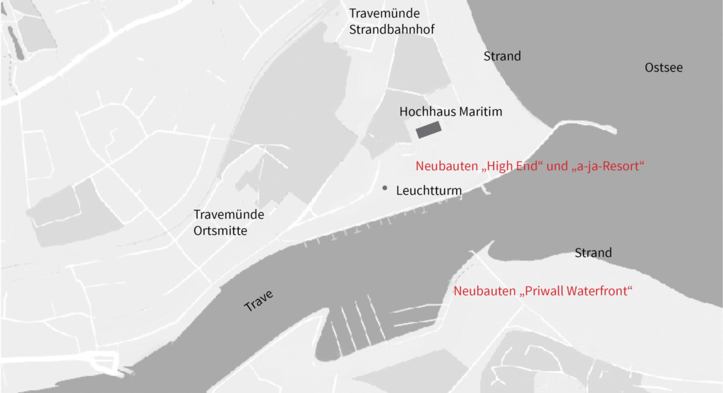 Die Travemündung mit nordwestlichem Strand (Maritim und "High End") sowie dem Bootshafen und der "Priwall Waterfront" auf der südöstlichen Seite (Skizze: frei04 publizistik)