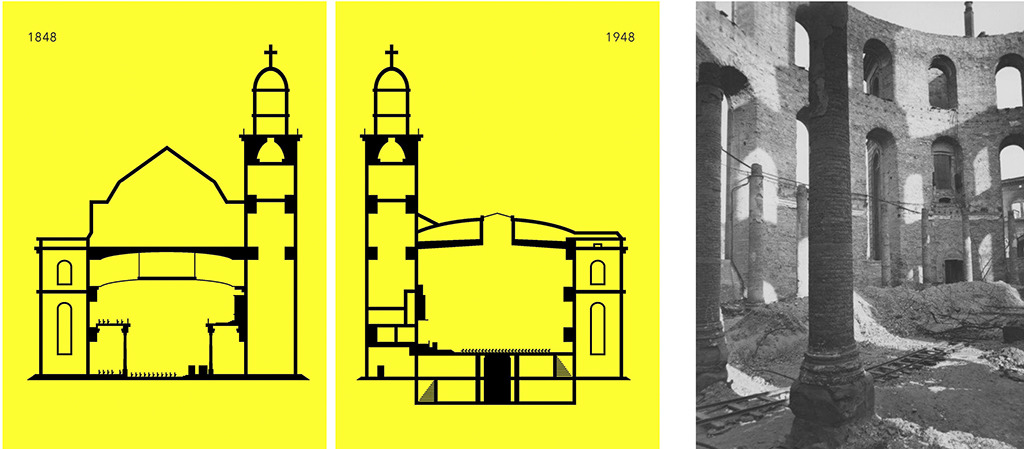 Links: Schnitt durch die Paulskirche im Zustand 1848 und 1948 (Grafik: Feigenbaumpunkt); rechts daneben die Paulskirche während der Entrümmerung 1947 (Foto: Elisabeth Hase, Robert Mann Gallery, New York)