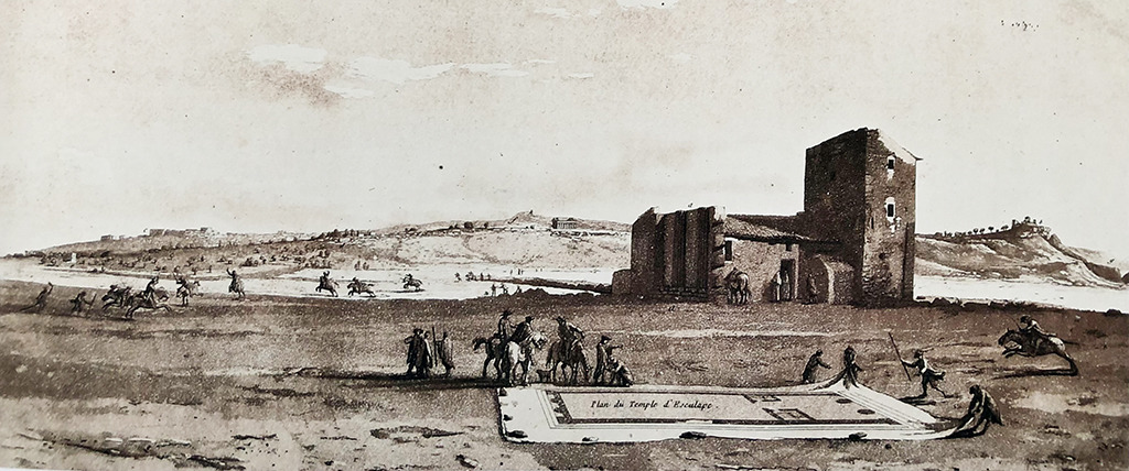 Jean-Pierre-Louis Houël (1735-1813): Szene vor dem Äskulap-Tempel in Agrigent / Auqatinta.Wie eine Picknick-Decke legt eine Reisegruppe den Tempelgrundriss aus. (Bild: aus dem besprochenen Band)
